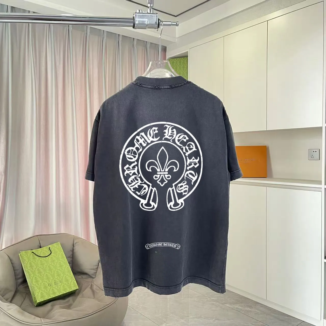 🅿️200 ch Crocodile* 2025 spring and summer new style, washed, worn, Sanskrit cross print, short-sleeved T-shirt, customized fabric 320g, same style for men and women, size: S M L XL XXL five codes, color: black gray